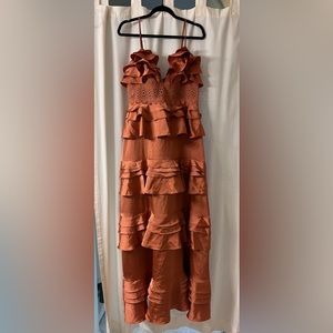 RUST COLOR SATIN TIERED RUFFLE MAXI DRESS (L)